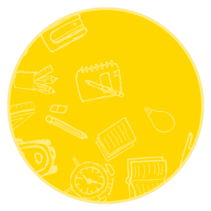 Yellow circle with school supply icons inside.