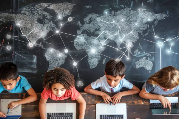 children sitting at desk with laptops in front of them. graphic of world behind them with connecting dots.