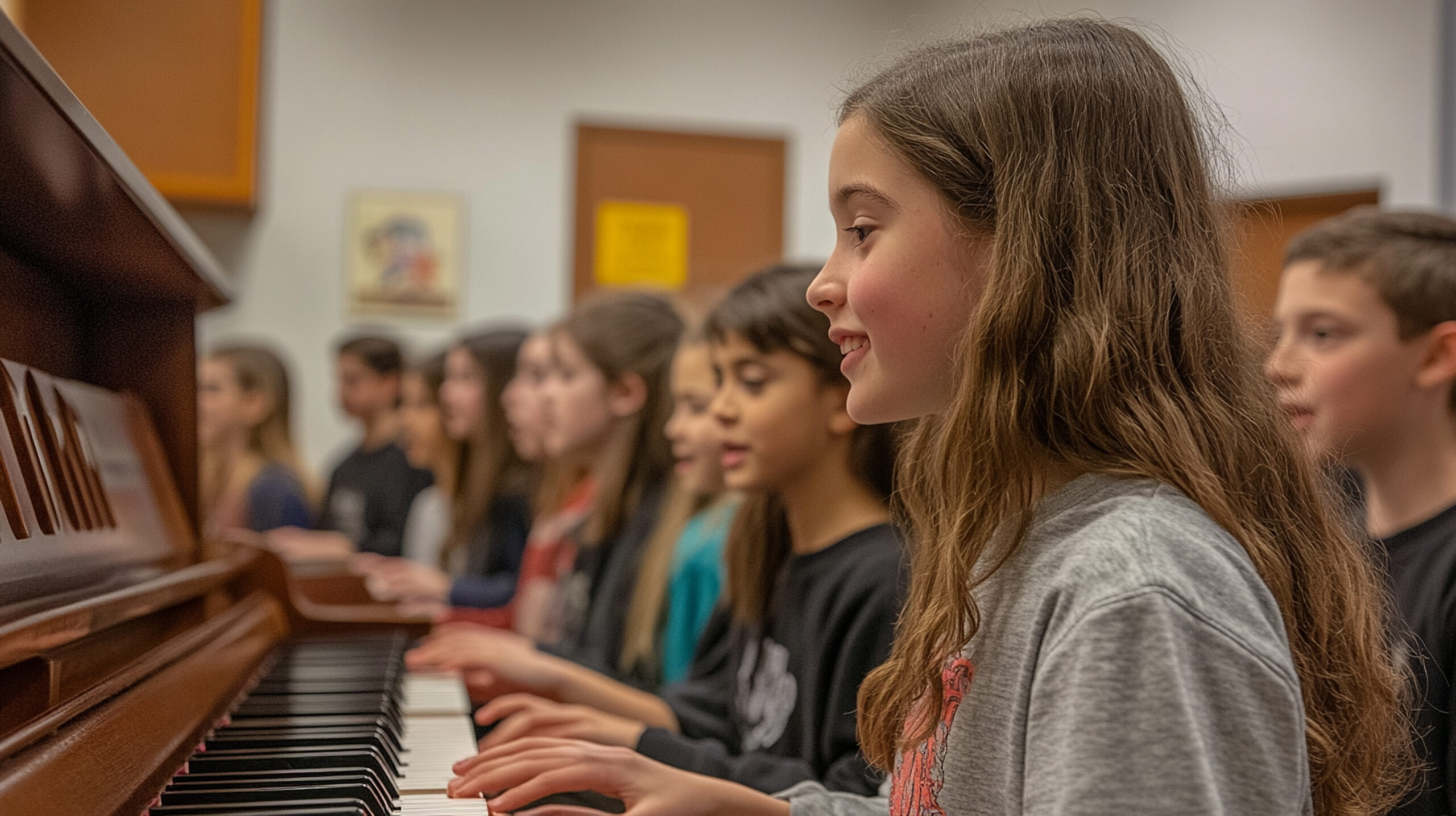 Students in classroom with girl student playing the piano.